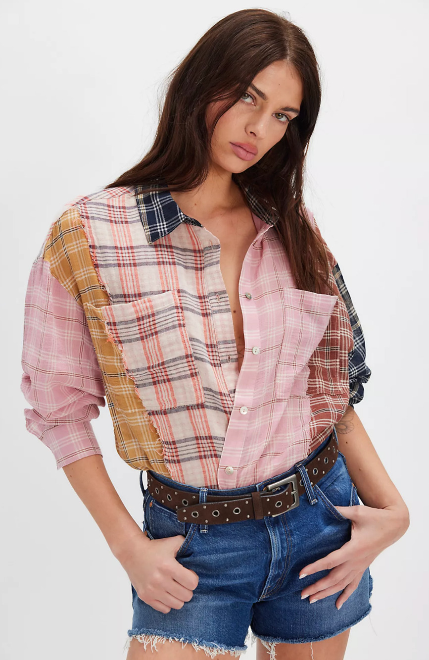 Oneteaspoon x Free People Pannelled Patchwork Flannel Shirt Button Front Gauzy S
